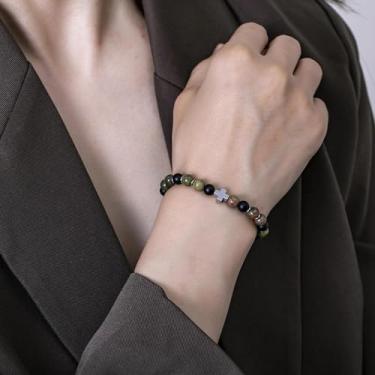 Imagem de Pulseira de contas feita à mão para homens e mulheres, cordão elástico com pedra natural e contas de destaque, joia de pulso ajustável, 7.68Inches, Ágata, Sem Pedra Preciosa