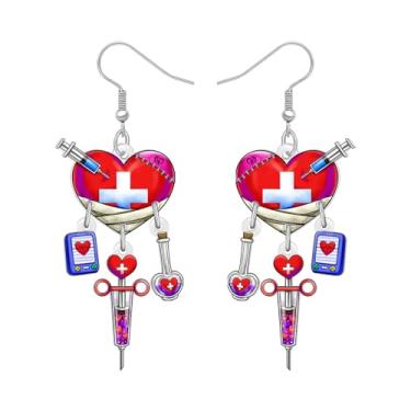 Imagem de Brincos de acrílico fofos de enfermeira batimento cardíaco divertidos brincos de seringa de amamentação pendentes de apreciação ideias de presente para mulheres enfermeiras semana médico RN formatura