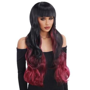 Imagem de Peruca preta a bordô ombre com franja de 75 cm de cabelo sintético - y