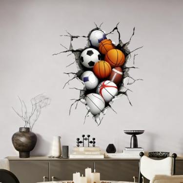 Imagem de Leniutor 1pcs Basketball Football Through The Wall Sports Wall Decals, Boy Kids Athletic Decor, Soccer Baseball Table Tennis Wall Stickers for Kids Bedroom Nursery Playroom (Ball Games Decals - 3)