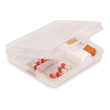Imagem de Porta Remédio Plástico com Divisórias, Transparente, Organizador de Medicamentos para Casa e Viagem, 160 x 139 x 32 mm, Fechamento Seguro