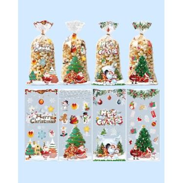 Imagem de 50 unidades de sacos de presente de celofane de Natal – Papai Noel doces sacos de violoncelo transparentes de Natal laços torcidos para suprimentos de festa temática de Natal de inverno, 4 estilos
