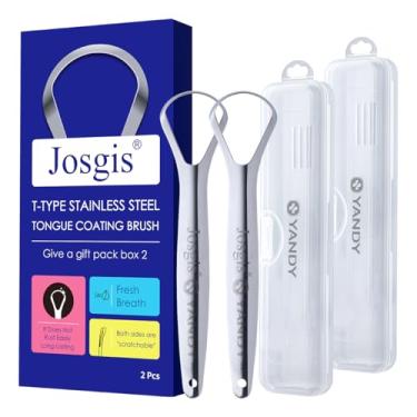 Imagem de Josgis Raspador de língua de aço inoxidável, pacote com 2 - design de cabeça dupla para limpeza suave da língua, escova de língua de metal higiênico para hálito fresco e higiene bucal