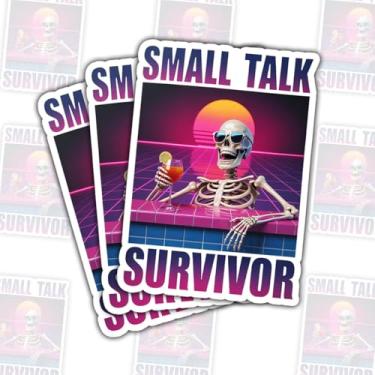 Imagem de 3 adesivos de sobrevivente de conversa pequena, decalques engraçados de esqueleto pôr do sol, adesivos estéticos de humor retrô para laptop, garrafa de água, caderno, carro, presente para