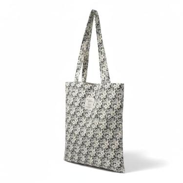 Imagem de MSGHER Bolsa feminina de lona de algodão reutilizável, leve, floral, para uso diário, compras, praia ou viagens (preta pequena floral)