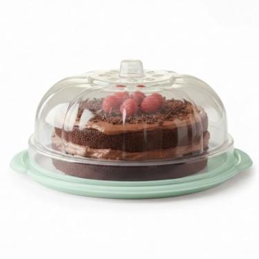 Imagem de Boleira Plástica Grande com Tampa Transparente Gold e Base Colorida – Porta Bolo, Prato para Sobremesas, Tortas e Pudins (Verde)