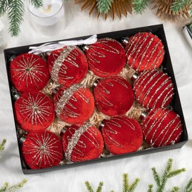 Imagem de Hismir Enfeites de árvore de Natal de veludo de 8 cm, conjunto de 12 bolas de Natal a granel com padrão dourado pintado à mão, enfeites de plástico inquebráveis para pendurar em guirlanda de árvore