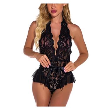 Imagem de WYUYIWH Body feminino lingerie sexy halter macacão pijama oco (cor: A, tamanho: código S)