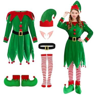 Imagem de AOLIUP Fantasia de elfo de Natal feminina: 6 peças de vestido de elfo adulto fantasia de ajudante de Papai Noel roupa cosplay de Natal, Verde e vermelho, M