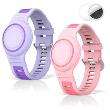 Imagem de Pacote com 2 pulseiras compatíveis com AirTag para crianças, à prova d'água, capa protetora de cobertura total, capa protetora de silicone macio para crianças e idosos (rosa + roxo)