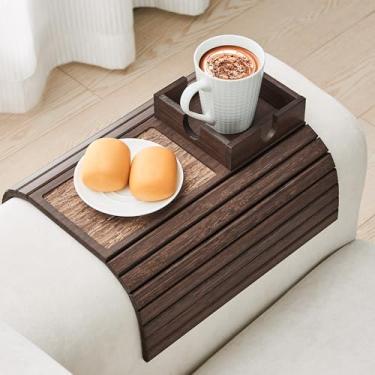 Imagem de LOVYANXUE Bandeja de braço de sofá de bambu, suporte de copo dobrável para sofá, bandeja de braço de sofá larga antiderrapante para bebida, copo, controle remoto, lanches, celular, portátil, marrom