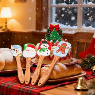 Imagem de Pacote com 4 espátulas de silicone de Natal, raspador de cozinha com cabo de madeira para decoração de Natal, presentes de férias, lembrancinhas de festa de cozinha (estilo 2)
