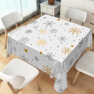 Imagem de TTQYFNM Toalha de mesa quadrada de flocos de neve de 178 x 178 cm preta dourada com flocos de neve toalha de mesa de tecido de poliéster reutilizável para cozinha, sala de jantar, férias de inverno