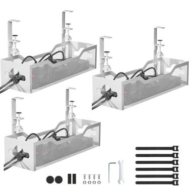 Imagem de Bandeja de gerenciamento de cabos embaixo da mesa, pacote com 3, gerenciamento de cabos embaixo da mesa sem furadeira, organizador de cabos com grampo para gerenciamento de fios, organizador de cabos