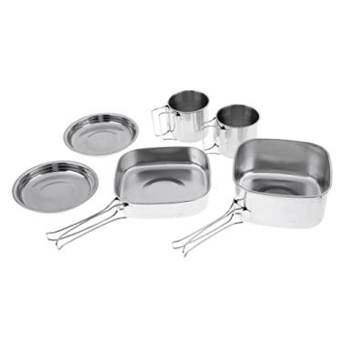 Imagem de Conjunto de 6 peças de panelas compactas dobráveis para acampamento com panelas de aço inoxidável, frigideira, pratos e copos para piquenique, churrasco, mochila e preparação para emergências