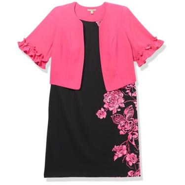 Imagem de Maya Brooke Vestido feminino de malha elástica sem mangas com jaqueta de manga 3/4 com babados, Fuschia/preto, 54