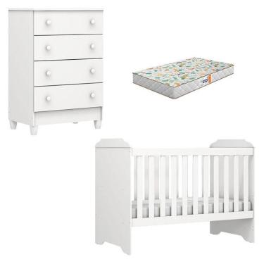 Imagem de Berço Americano Mini Cama E Cômoda Mel Flat Branco Brilho Com Colchão Gazin - Carolina