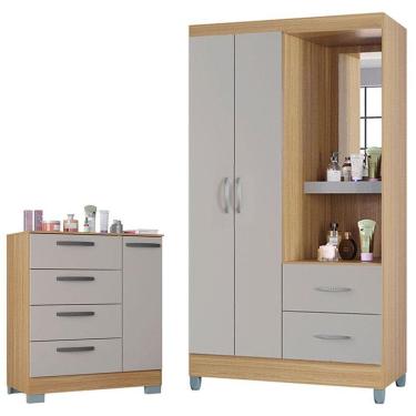 Imagem de Cômoda 868 4 Gavetas E 1 Porta Com Guarda Roupa Solteiro Córdoba 2 Portas Damasco Off White - Poquema