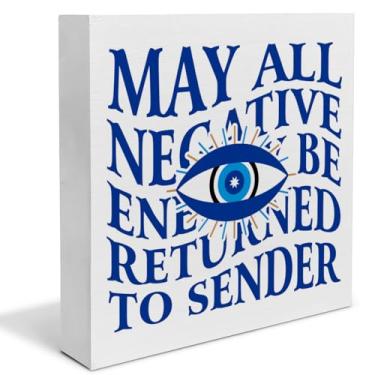 Imagem de Placa inspiradora de bloco de madeira com olho turco que todas as energias negativas sejam devolvidas ao remetente sinal de caixa de madeira para decoração de parede de mesa para casa