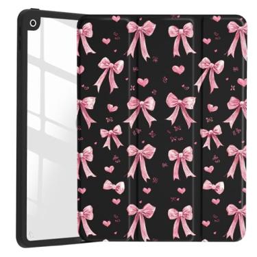 Imagem de JOYLAND Capa com laço rosa de desenho animado para iPad 7ª/8ª/9ª geração, capa preta rígida de acrílico transparente transparente com suporte para lápis, suporte de três dobras, capa para tablet para