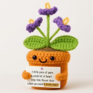Imagem de Viaosanza Positive Fun Pequena Planta de Crochê Sem Rega Manutenção de Poda Mini Flor Roxa Cartão Emocional Quente Casa Sala Escritório Mesa Acompanhante Decoração de Longo Prazo