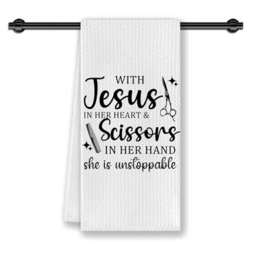 Imagem de CosxHabitat Presentes de cabeleireiro cristão inspiradores panos de prato de cozinha, cabeleireiro esteticista esteticista presentes decorativos toalhas de chá de mão para salão de beleza salão de