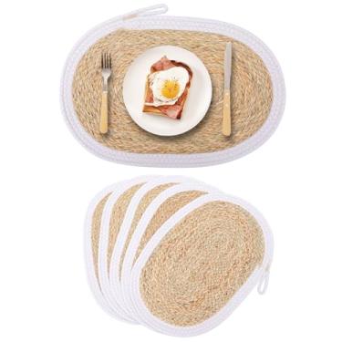 Imagem de Leegood Jogo americano de juta natural, tapetes de mesa de tecido com borda preta, formato oval, decoração de jantar de fazenda, 43 x 29 cm, pacote com 5 (branco)