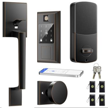 Imagem de Fechadura inteligente, fechadura de porta de entrada sem chave com impressão digital com controle de aplicativo Bluetooth, trava automática (fechadura inteligente com conjunto de maçaneta da porta