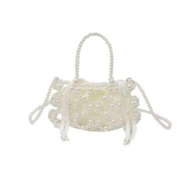 Imagem de SHESRA Bolsa clutch feminina de luxo com pérolas brancas, design com contas de pérolas artificiais, perfeita para mulheres, mulheres, meninas, noite, casamento, festa, viagem 22 x 12 cm