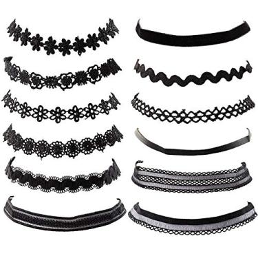 Imagem de Kercisbeauty Gargantilha de renda de couro de veludo preto elástica gola gótica gargantilha para mulheres e meninas 12 peças