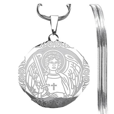 Imagem de Colar de medalha Arcanjo São Miguel para mulheres e homens, aço inoxidável, escudo de santo minimalista, clavícula hiphop - colar de corrente elegante, ótimo presente para aniversário ou Natal