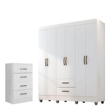 Imagem de Kit Guarda-roupa Casal 6 Portas Com Cômoda 4 Gavetas Lisa Branco