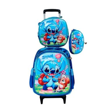 Imagem de Kit Mochila Stitch com Rodinhas Infantil em 3D Para Meninos + Lancheira Térmica + Estojo Escolar
