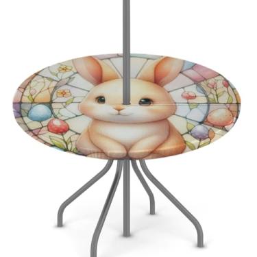 Imagem de hongjinglin Toalha de mesa de Páscoa para uso ao ar livre com orifício para guarda-chuva, toalha de mesa redonda elástica com zíper, impermeável, limpável, para piquenique, festa, pátio, serve para