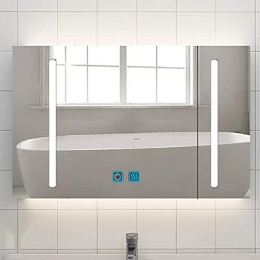 Imagem de Armários de banheiro espelhados, espelho de LED SPXMQSS Smart Anti Fog 3 cores com prateleiras armário armário de banheiro LED com luzes de beleza unidades de armazenamento montadas na parede 70 * 80