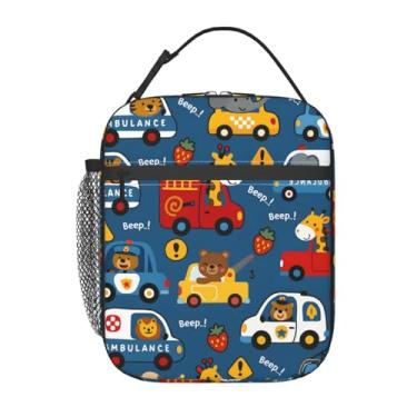 Imagem de cromcu Lancheira de carro de animais de desenho animado para crianças, meninos, sacolas térmicas reutilizáveis, com isolamento térmico, tema de trânsito, bolsa isolada para escola, piquenique