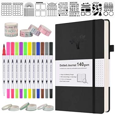 Imagem de Kit de diário pontilhado, 140gsm No Bleed A5 pontilhado Bullet Grid Journal Set com 188 páginas, 10 estêncils, 14 fita washi, 12 canetas pincel ponta dupla, suprimentos de diário para agenda de agenda, preto
