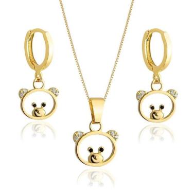 Imagem de Conjunto Brinco Colar Infantil Ursinho Semijoia Banhado Ouro - Santo E