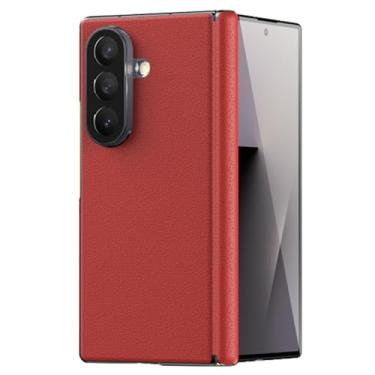 Imagem de LTLMYDAM Capa de couro genuíno para Samsung Galaxy Z Fold 7, capa de envoltório de dobradiça com textura de lichia empresarial, proteção anti-queda, capa ultrafina, vermelha, dobra7
