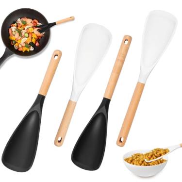 Imagem de Conjunto de 4 colheres de espátula de silicone com cabo de madeira, utensílios de cozinha multifuncionais resistentes ao calor para panelas antiaderentes, podem ser lavadas na lava-louças, 2 tamanhos