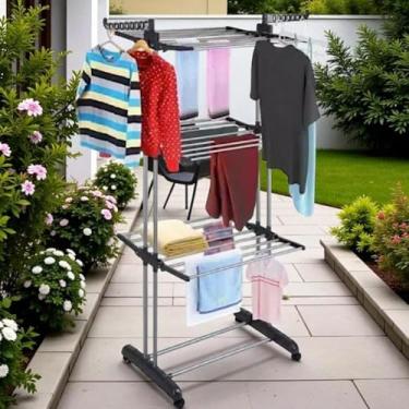 Imagem de Varal de Chão Dobrável com 3 Andares, Estrutura Aço Inox, Bandejas Ajustáveis, Cabideiro Duplo, com Rodízios, para Roupas e Acessórios, Bandejas Dobráveis Multiuso | Dobrável e Reforçado