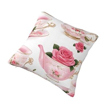 Imagem de Xícaras de chá com rosas românticas gastas - almofada quadrada decorativa estampada - Design reversível, zíper oculto, poliéster macio para sofá, cama e carro - Hipoalergênico 56 x 56 cm