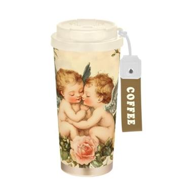 Imagem de STAYTOP Caneca de café vintage com isolamento térmico de querubins de 500 ml, copo de café reutilizável de aço inoxidável com tampa flip à prova de vazamento à prova de vazamento para escritório