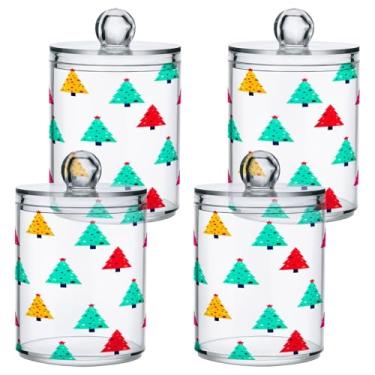 Imagem de STAYTOP 4 frascos de boticário Qtip para banheiro com etiquetas – Recipiente de armazenamento Qtip de plástico transparente para bola de algodão, cotonete, grão de café - árvore de Natal fofa colorida