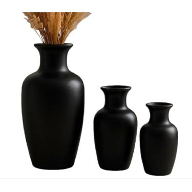 Imagem de Conjunto 3 Peças Kit Enfeite Cerâmica Vasos Sala Completo Decorativas Trio Rack Centro Mesa Colorido(PRETO LISO JAD)