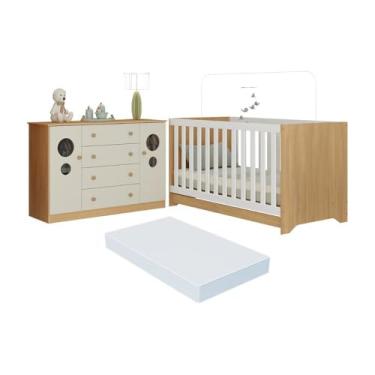 Imagem de Berço Americano 3 em 1 com Colchão Incluso e Cômoda 2 Portas 4 Gavetas Pirulito Multimóveis Mp4719 Madeirado/off White
