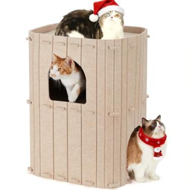 Imagem de FUKUMARU Casa de gato para gatos internos, grande caverna de cama para gatos de 2 andares, aconchegante coberta de feltro, esconderijo de condomínio para multicats, 45 x 36,5 x 60 cm, bege