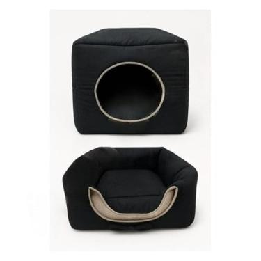 Imagem de Toca Cama Pet 2 em 1 – Casinha e Caminha com Fundo Impermeável, Colchão Removível e Fibra 100% Macia | Para Cães e Gatos(Preto,M)