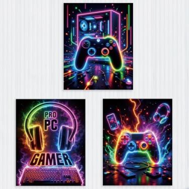 Imagem de 3 peças de pôsteres de parede neon para decoração de quarto estética, fone de ouvido com controle de jogos de PC profissional, impressões de arte de parede, decoração moderna de caverna masculina, sem