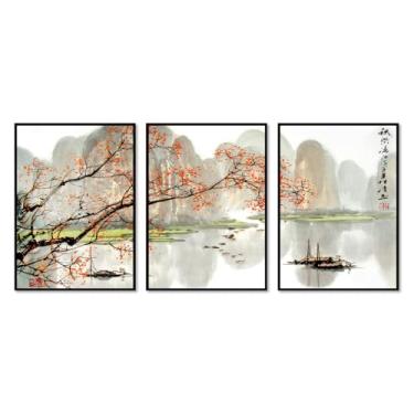 Imagem de Arte de cenário japonês, impressão floral, pintura a tinta, barco, pássaro, pôsteres em tela, decoração asiática, arte de parede japonesa para decoração de sala de estar e quarto (SKU5-3PCS, 30,5 x